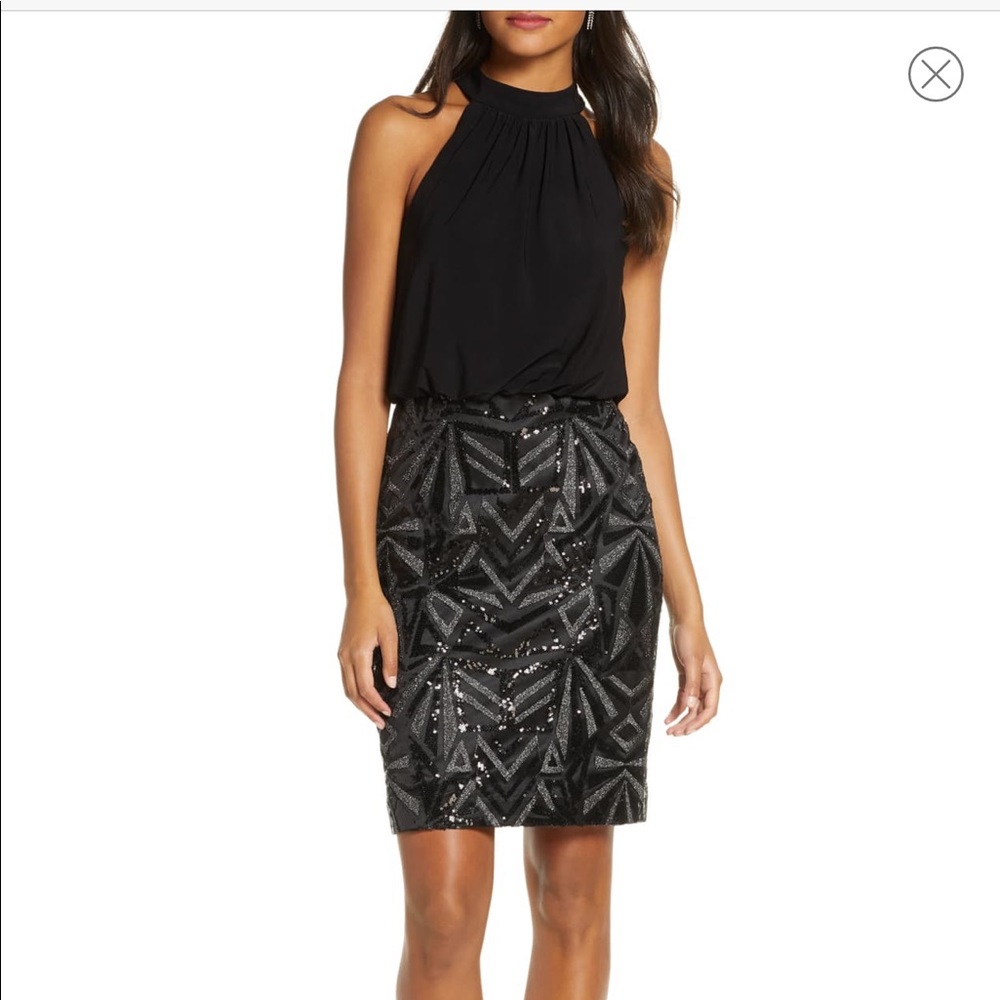 Halter Neck Geo Embellished Blouson Dress